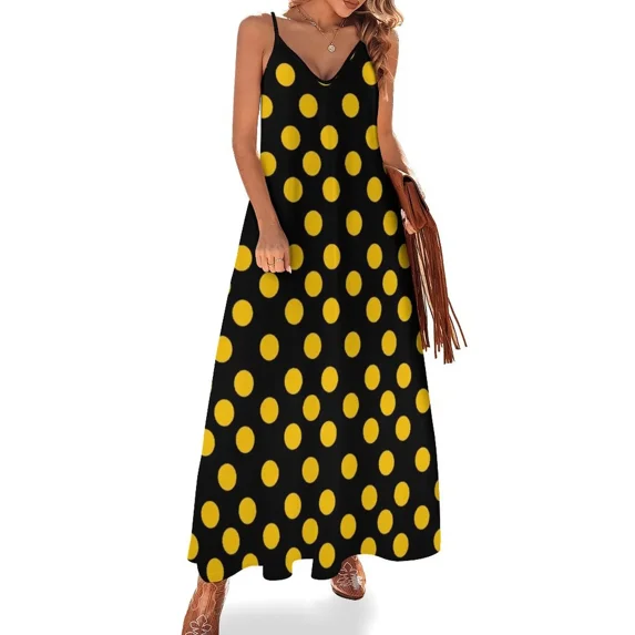 Black and Yellow Polka Dots Sleeveless Dress Clothing female chic and elegant woman dress birthday dress