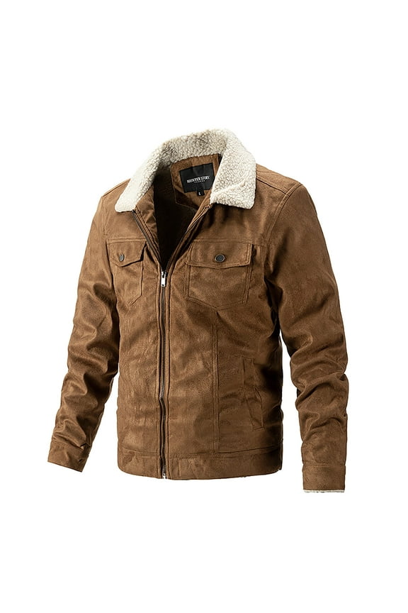Men's Fleece Lined Denim Jacket Winter Warm Zipper Faux Suede Coat Outwear (Brown,XL)