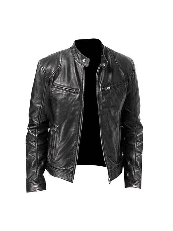 Men's Genuine Leather Jacket Motorcycle Biker Slim Fit Stand Collar Zipper Outwear Large (Black,S)