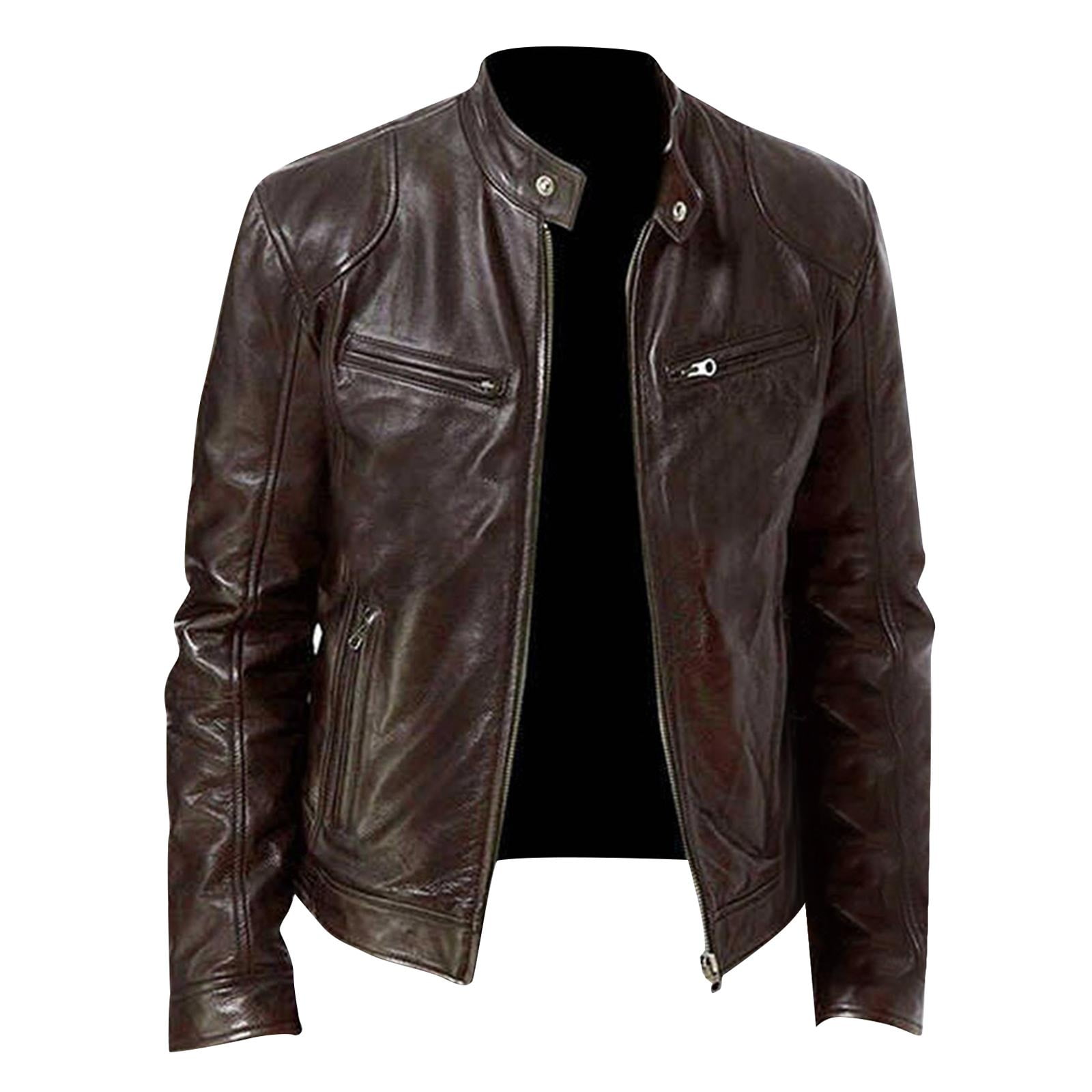 BVnarty Men's Genuine Leather Jacket Motorcycle Biker Slim Fit Stand Collar Zipper Outwear Large (Brown,M)