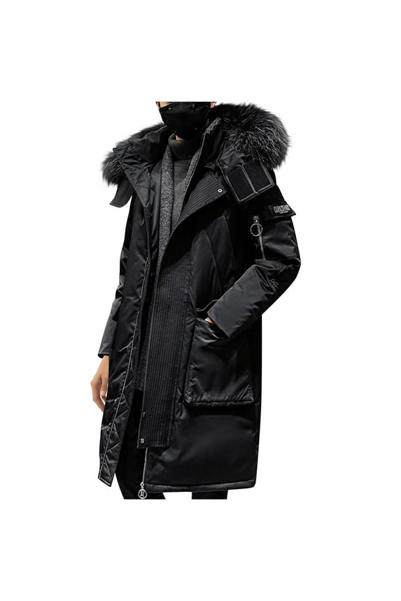 Men's Winter Parka Coat Faux Fur Hood Thick Warm Long Sleeve Jacket Outerwear Overcoat (Black,L)