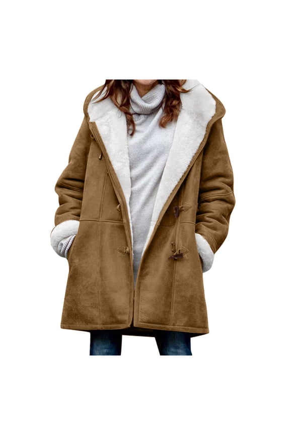 Womens Fleece Coat Oversized solid color Hooded Jacket Button Down Winter Fuzzy Casual Outwear long coat with Pockets (Brown,XXXXL)
