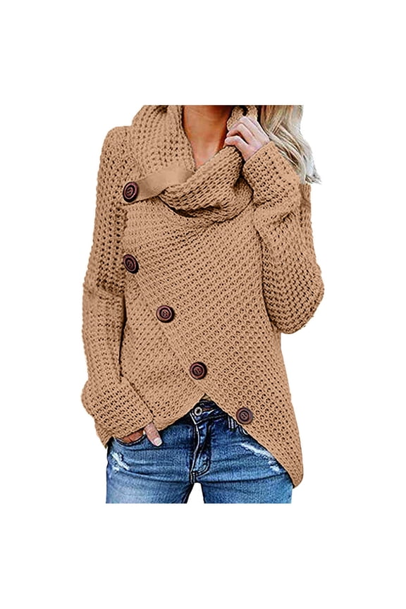 Sweater for Women Shacket Jacket Fall Fashion Comfy Lounge Casual Solid Color Warm Long Knitted Pullover Cowl Neck Long Sleeve Khaki XXXL