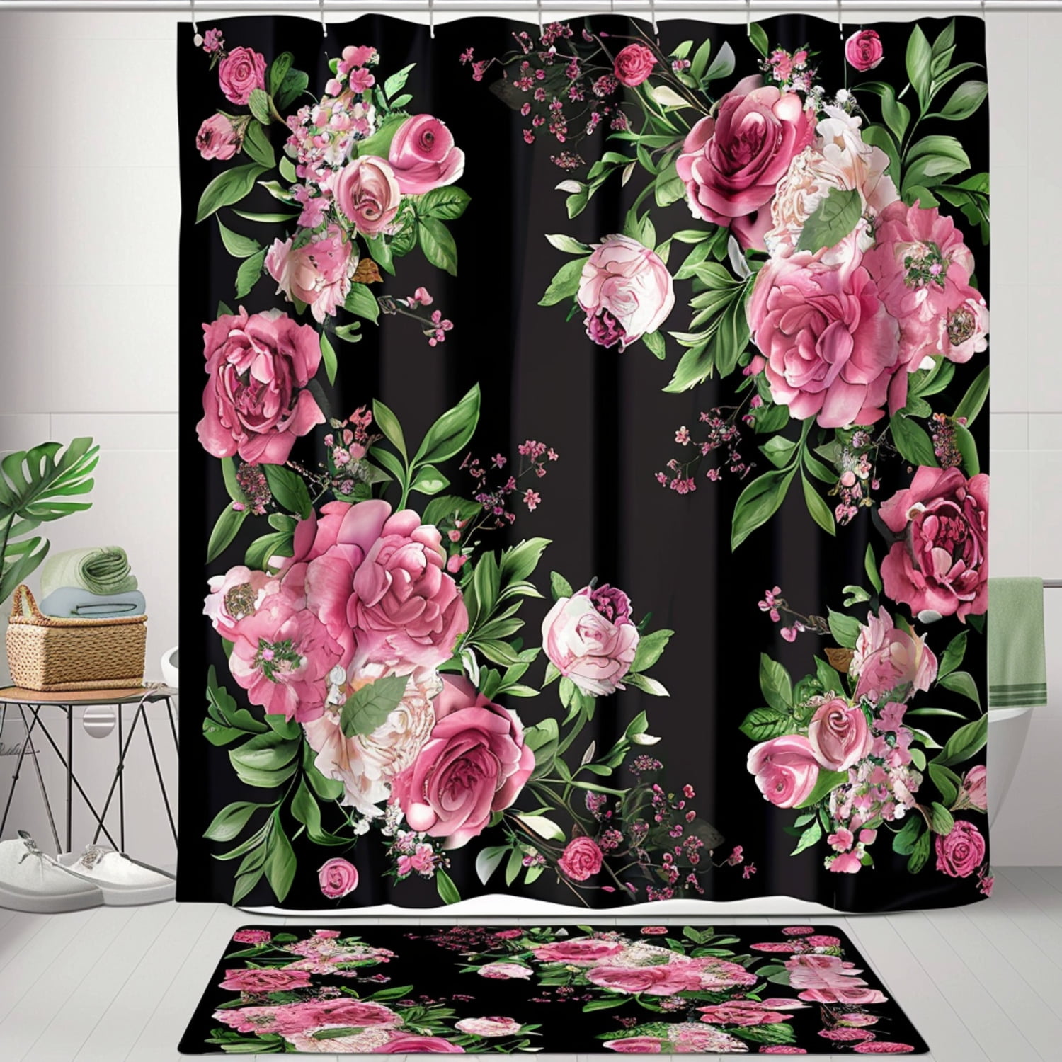 Black And Pink Floral Bathroom Accessories Set With Roses And