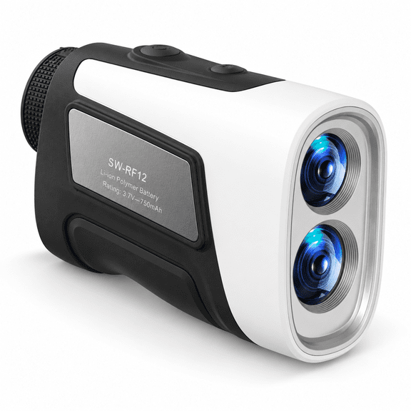Black and white 1200-yard golf rangefinder with slope compensation and magnetic mount