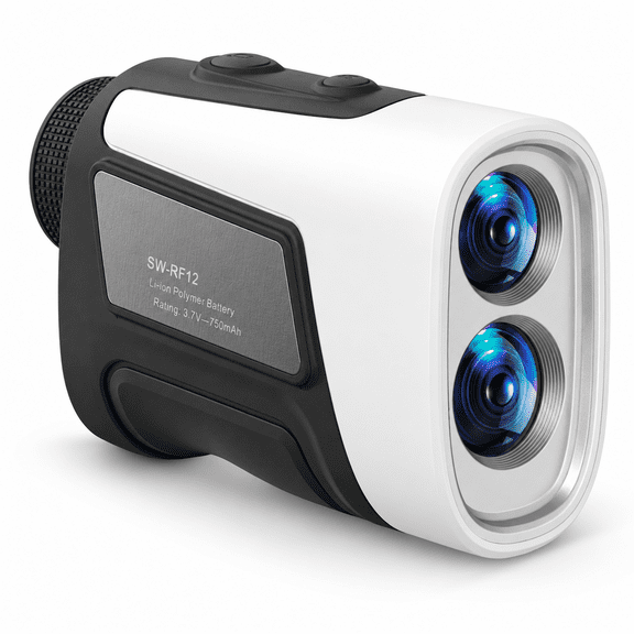 Black and white 1200 yard golf rangefinder with slope compensation and magnetic mount
