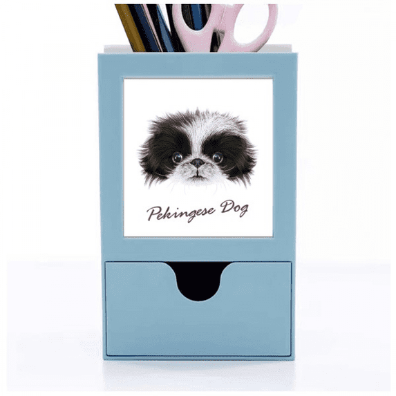 Black and white Cute Pekingese Dog Pet Animal Desk Supplies Organizer Pen Holder Card