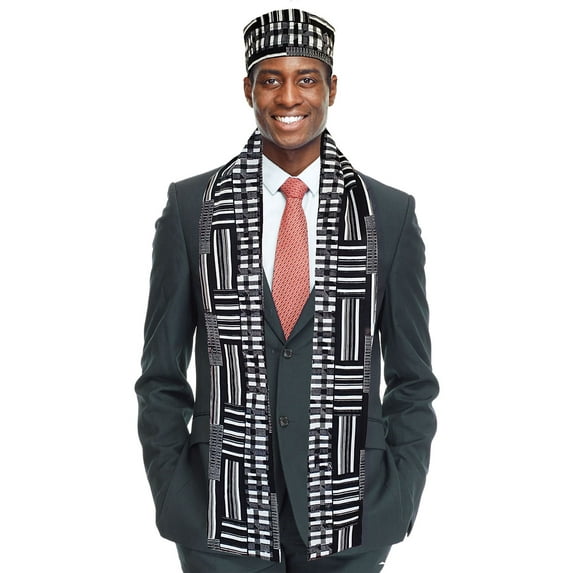 Black and white Kente African Print Hat and Stole/Sash/Scarf