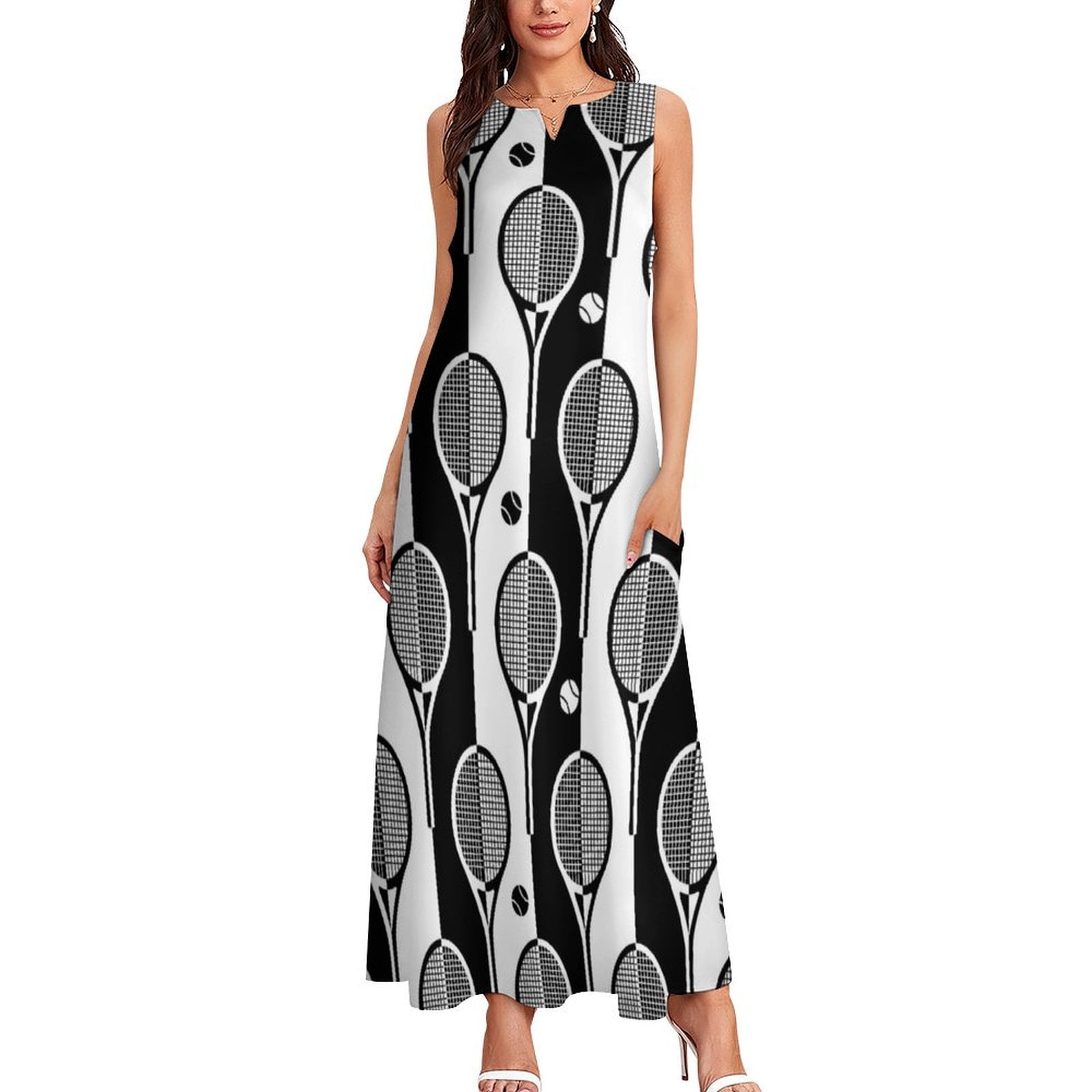 Black and white Tennis rackets on stripy background Long Dress