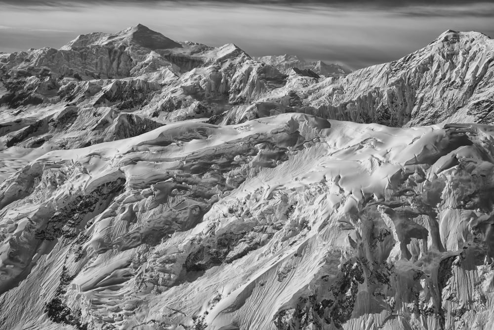 Black and white aerial view of the mountains and icefields in Kluane National Park Yukon Canada Canvas Art - Robert Postma Design Pics (38 x 24)
