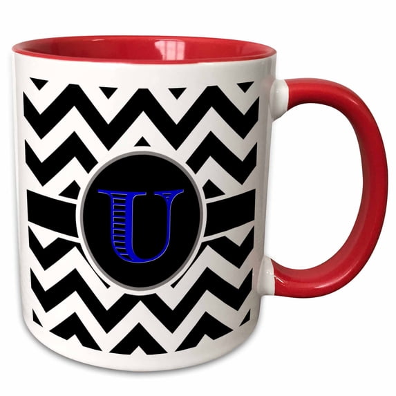 Black and white chevron monogram blue initial U 11oz Two-Tone Red Mug mug-252204-5