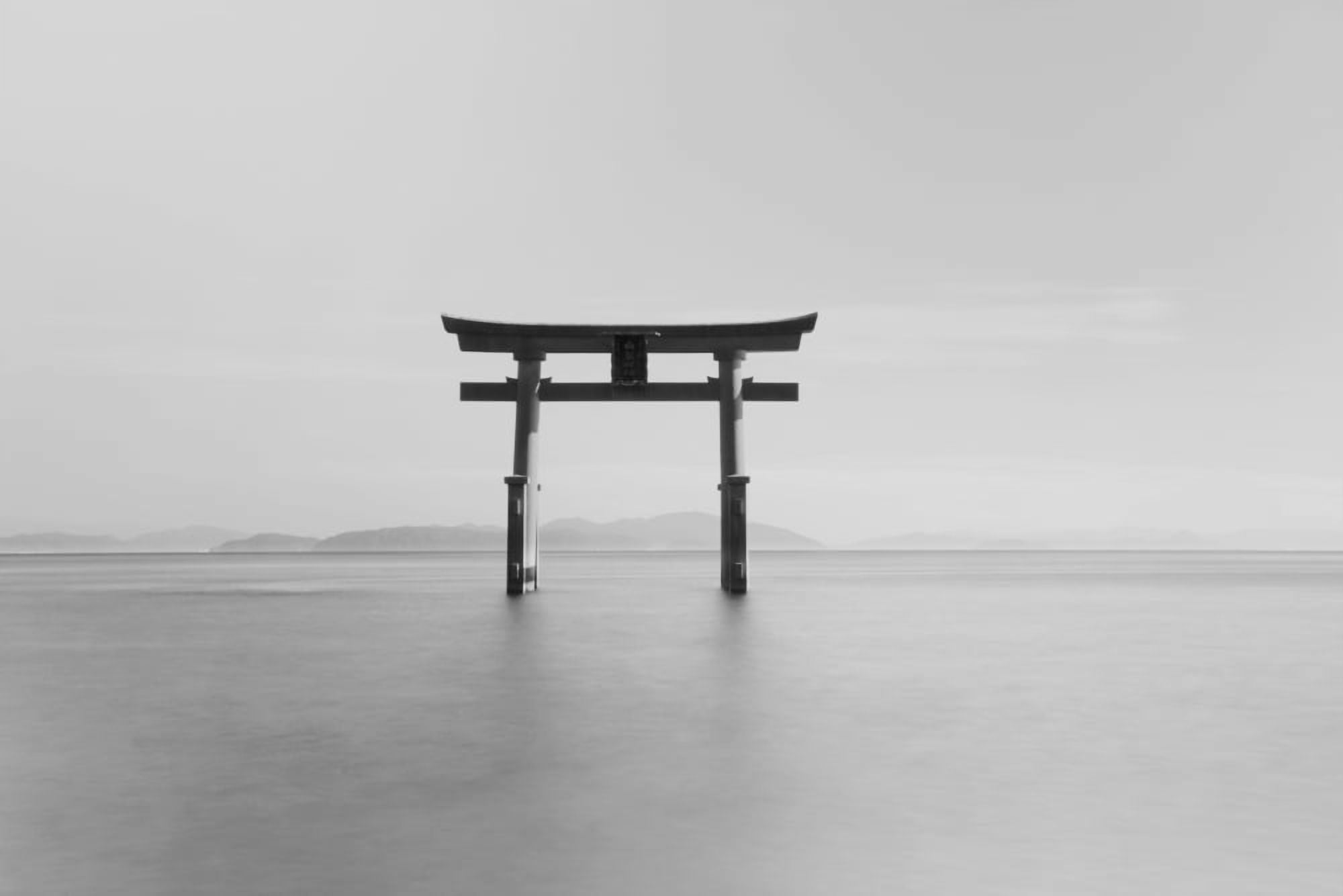 Black and white image of a floating shrine on a lake Takashiyama Shiga Japan Canvas Art - Philippe Widling Design Pics (19 x 12)