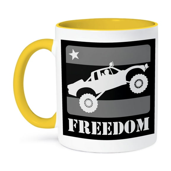 3dRose, Black and white image of a pre-runner race truck taking flight DUDE, 15oz Two-Tone Yellow Mug