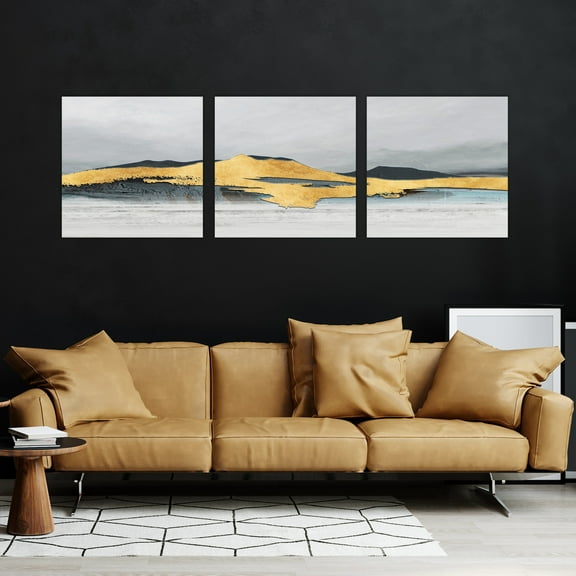 Black and white mountain wall art covered with gold strokes next to blue sea waves set of 3 20x20inch each panel canvas stretched on wood frame