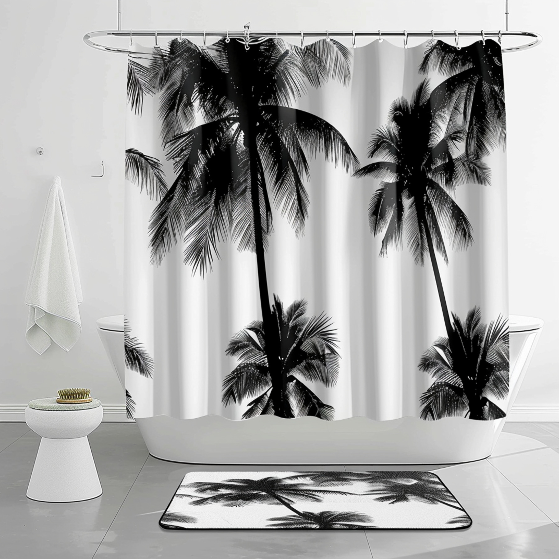 Black and white palm tree bathroom set with a monochrome palm leaf design on a white curtain