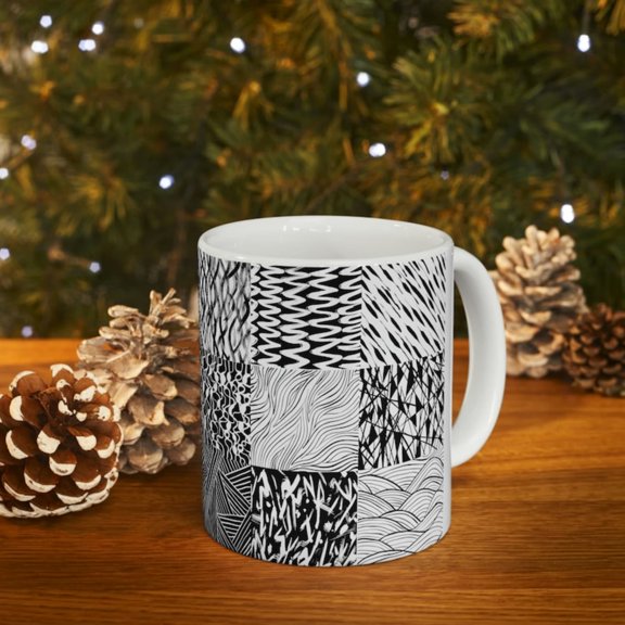 Black and white pattern Ceramic Mug oz, brush vector pattern tea cup, Abstract texture black and white coffee mug, gift her.