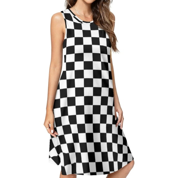 Black and white plaid Spring Summer Dresses for Women Fashion T-shirt Dress Casual Sleeveless Loose Sundress with Pockets