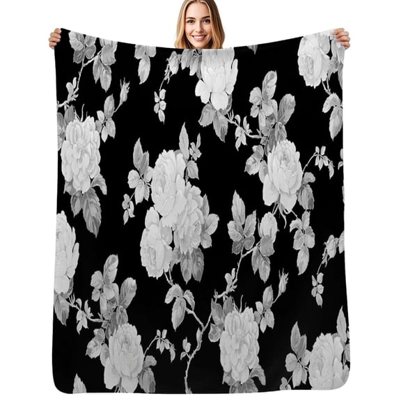 Black and white roses Flannel Blankets Soft Throw Blanket Winter Travel Office Outdoor Bedspread