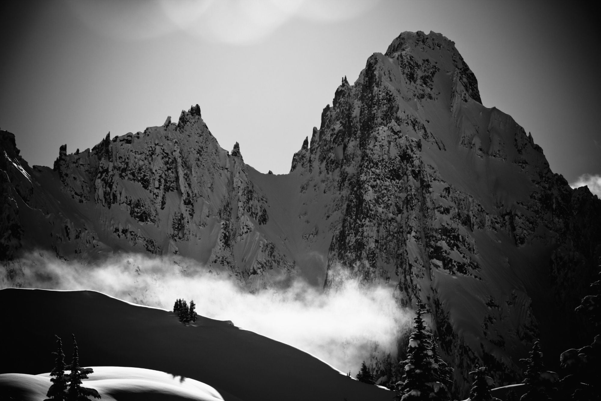 Black and white scenic view of mountain peaks above Haines in winter Southeast Alaska Canvas Art - Dean Blotto Gray Design Pics (38 x 24)