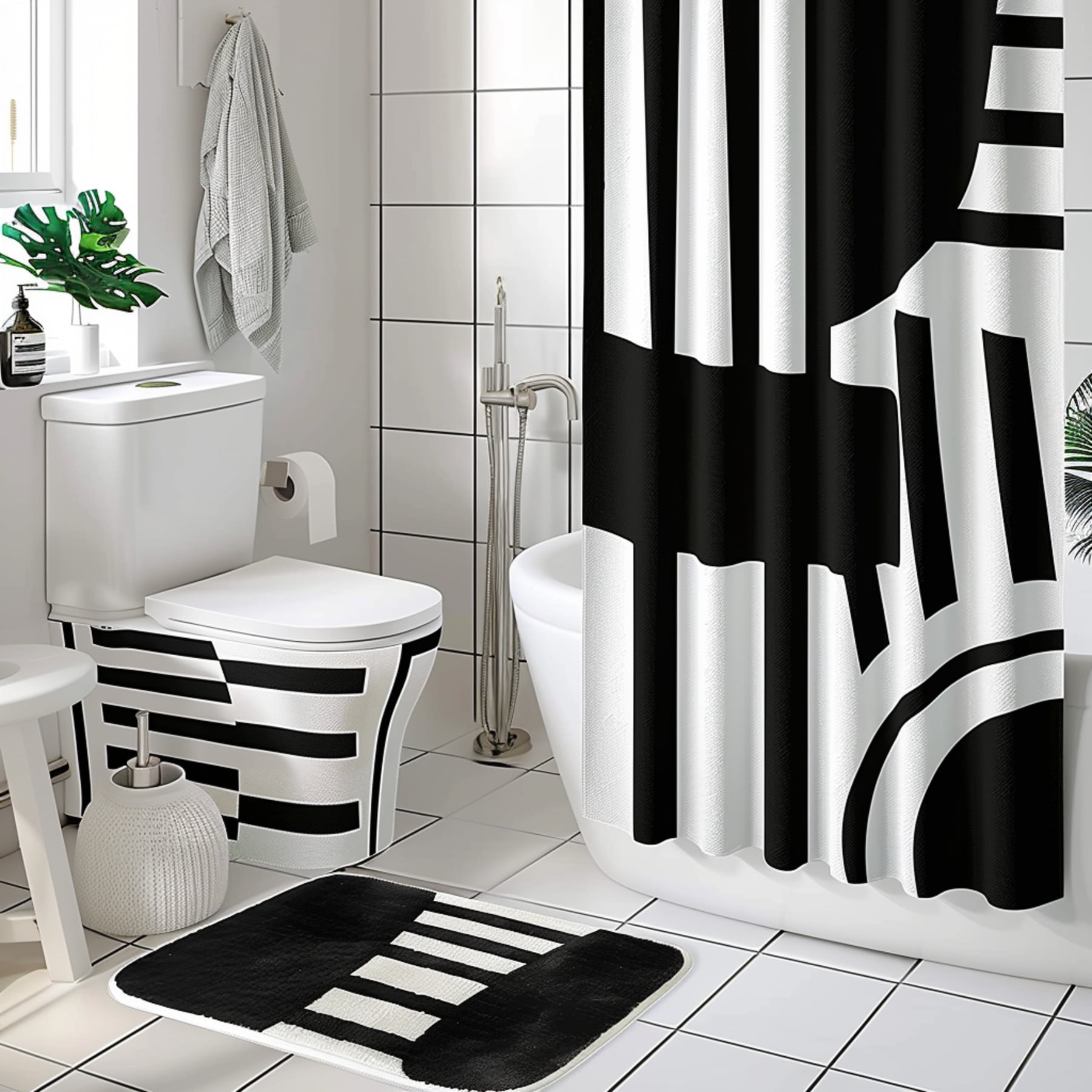 Black and white striped bathroom set with geometric shapes shower