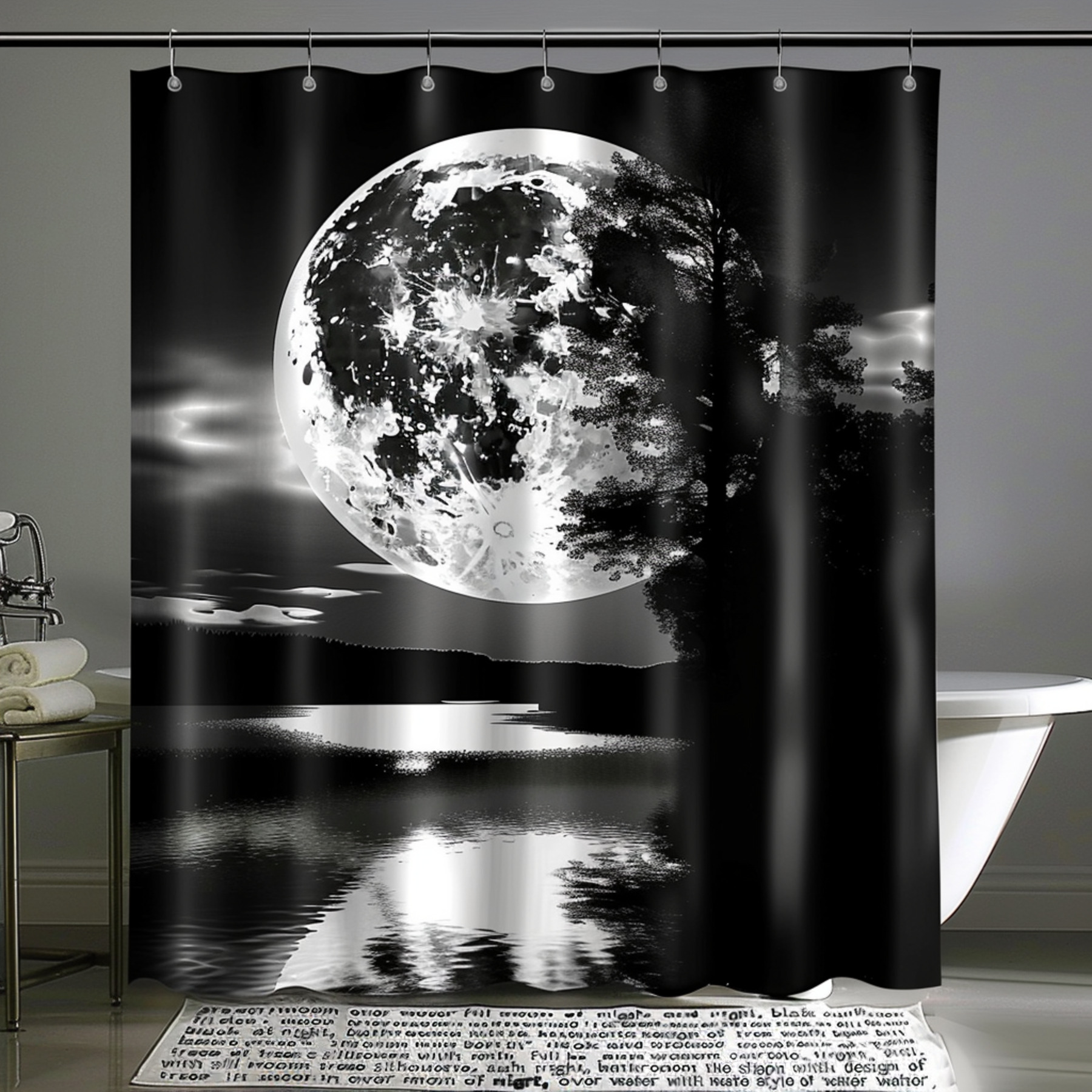 Black and white tree bathroom curtain featuring a full moon over water