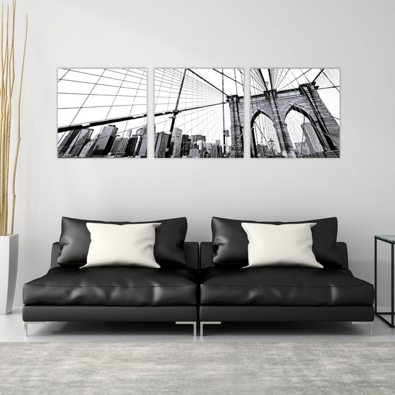Black and white wall art of the Brooklyn bridge in new york set of 3 20x20inch each panel canvas stretched on wood frame