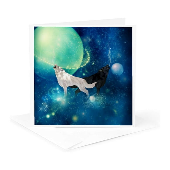 3dRose, Black and white wolf in the universe, 1 Greeting Card with envelope