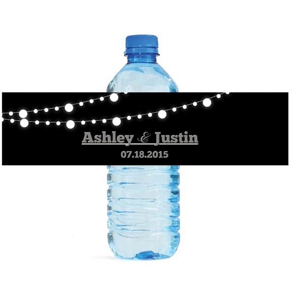 Black background and white glowing Market Lights Wedding Water Bottle Labels Engagement Party 8"x2"