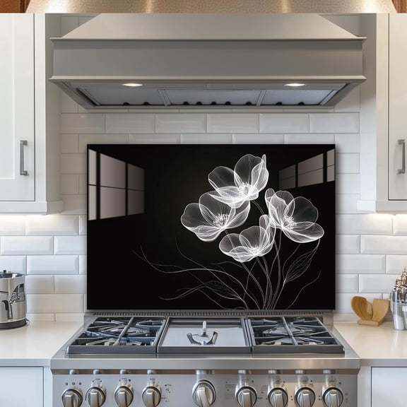 Black background flowers——Tempered Glass Backsplash for Kitchen,Frameless, Stove Backsplash Protector for Wall,Easy to Clean, Home Decor (30"x24")