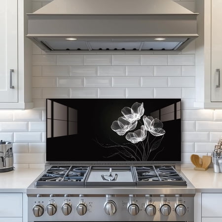 Black background flowers——Tempered Glass Backsplash for Kitchen,Frameless, Stove Backsplash Protector for Wall,Easy to Clean, Home Decor (30"x24")