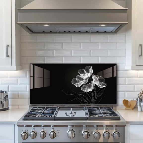 Black background flowers——Tempered Glass Backsplash for Kitchen，Frameless, Stove Backsplash Protector for Wall,Easy to Clean, Home Decor (30"x24")