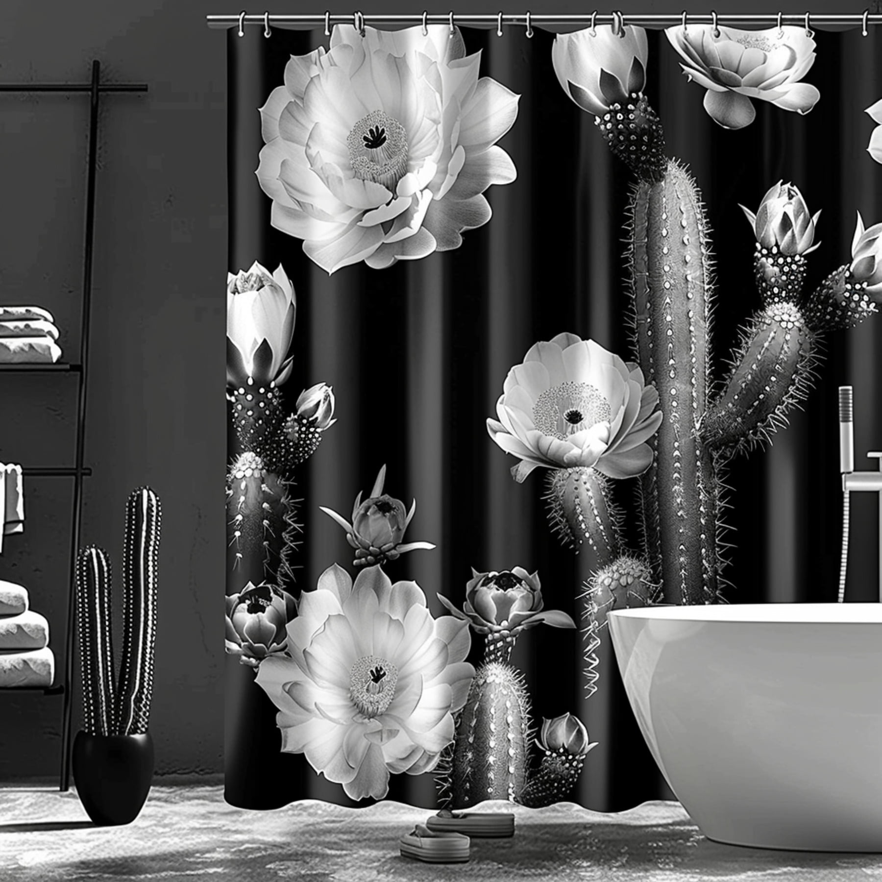 Black background shower curtain with cactus flower cacti design in ...