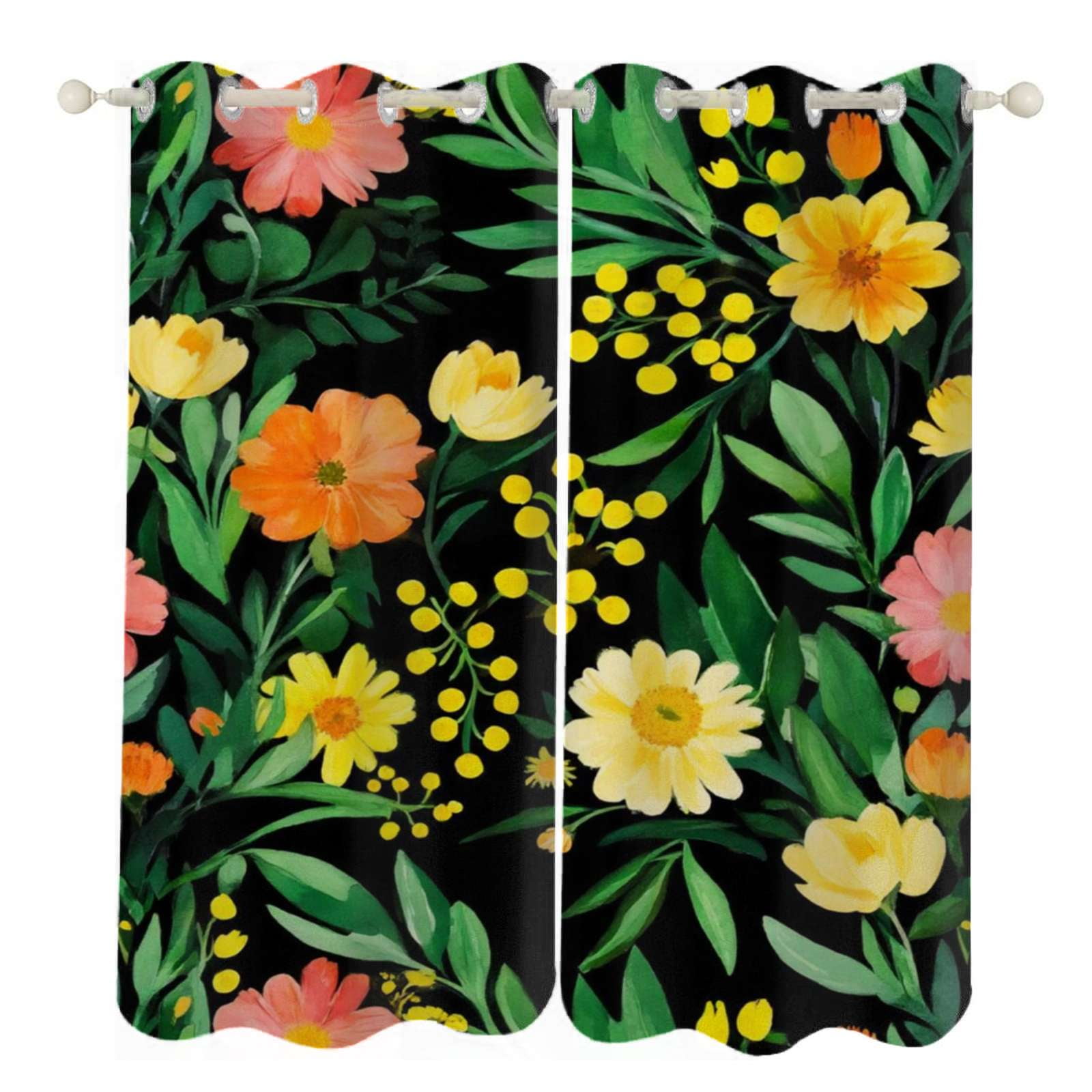 Black background vibrant floral print Sunshade Curtains Home Bedroom ...