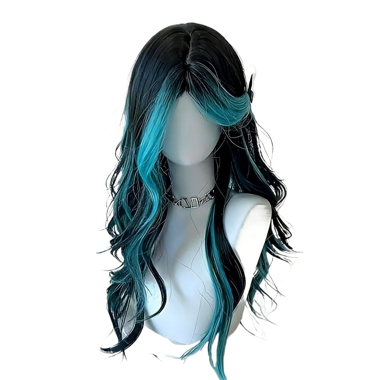 Black and blue highlighted middle-parted wavy long hair wig suitable for everyone, elegant party special