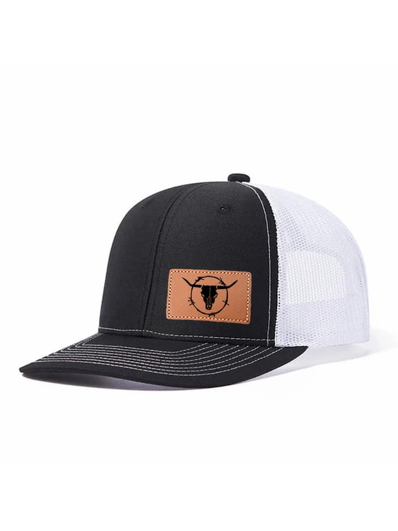 Black bull horns Leather Patch Embroidered Color Block Trucker Hat Unisex Adjustable Cotton Breathable Fashion Cap for Travel Daily Wear