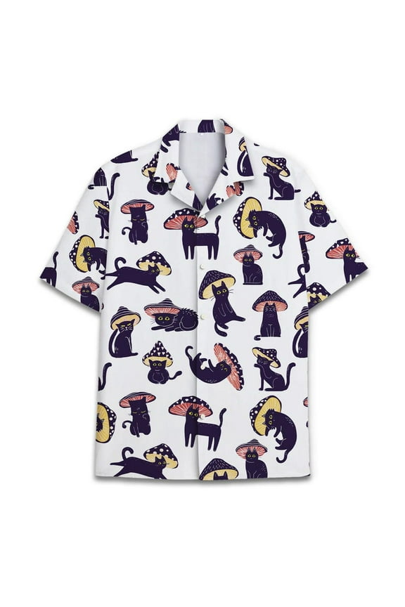 Black cat Hawaiian Shirt, Black Cat Hawaiian Shirt, Funny Mushroom Hawaiian Shirt, Black Cat Casual Button-Down Shirts Short Sleeve