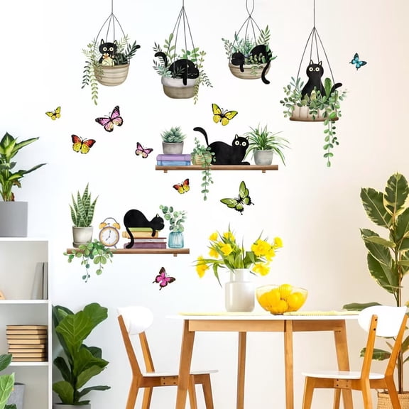 Black cat Wall stickers, tropical plant stickers, cat posters, animal poster Decals, Nautical Wall Decals RemovableVinyl for Living Room Bedroom Bathroom Kitchen Sofa TV Background