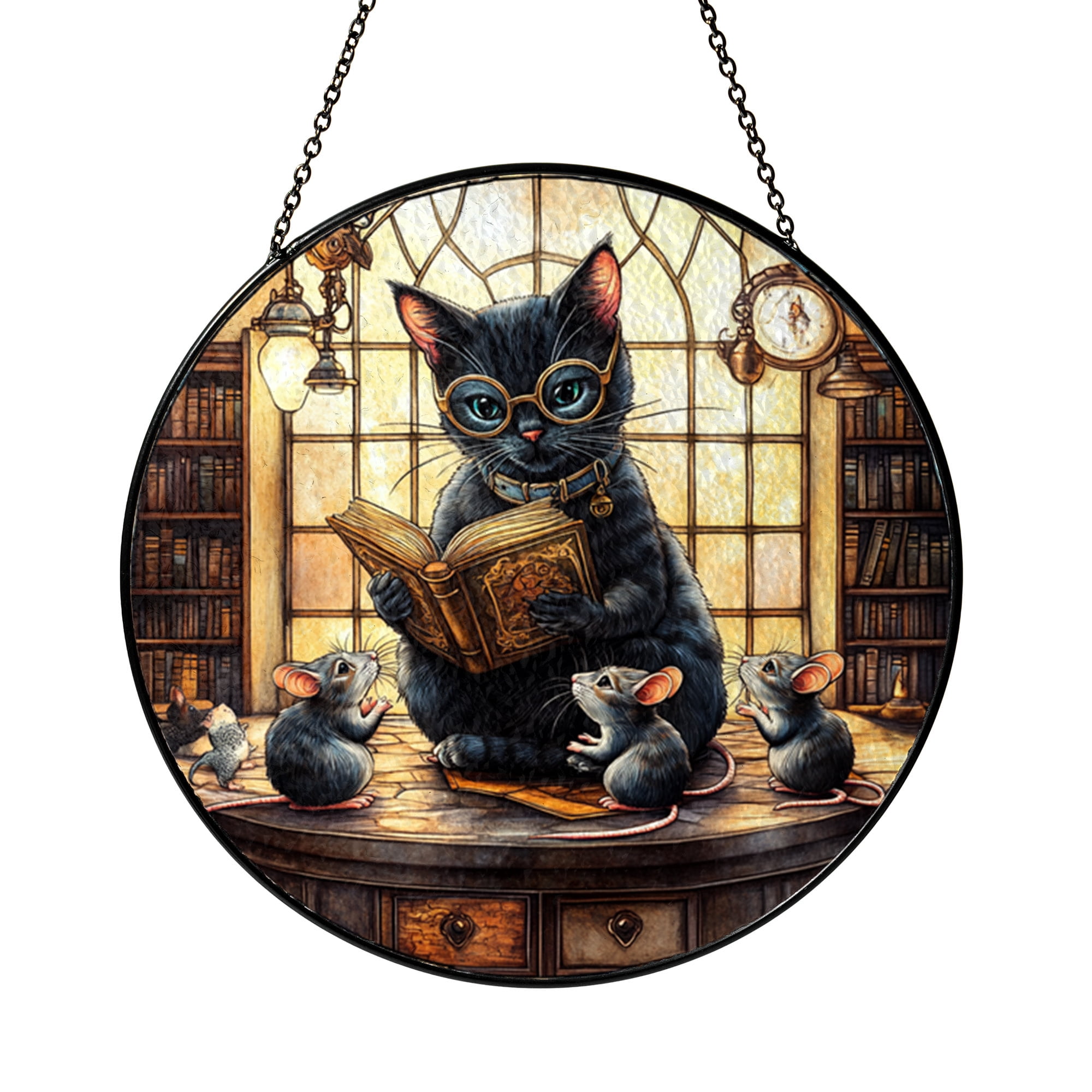 Black cat reading stained glass suncatcher with mice, book lover window ...