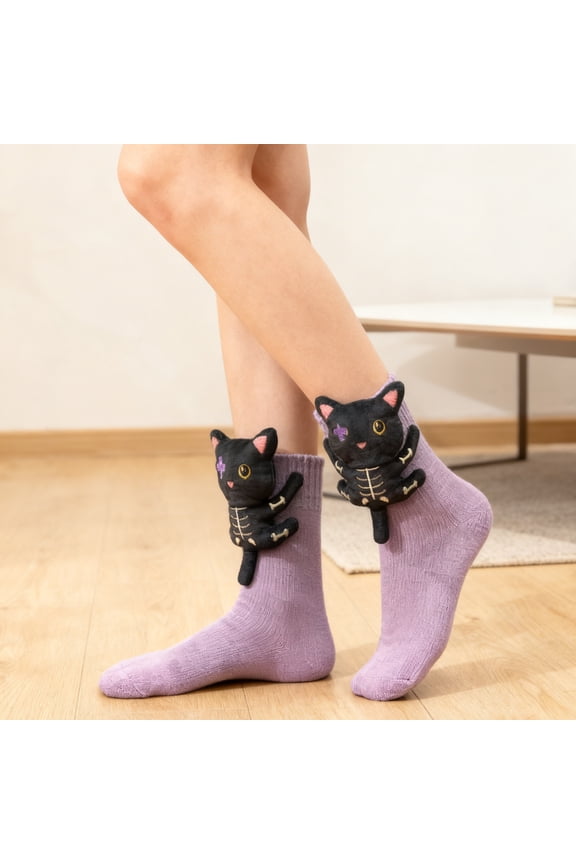 Black cat socks, 3d Knit Animal Socks, Animal Socks Hand Crocheted, Funny Warm and Soft Long Stocking Stuffers Socks, Novelty Floor Sock for Christmas, Cozy Fall & Winter