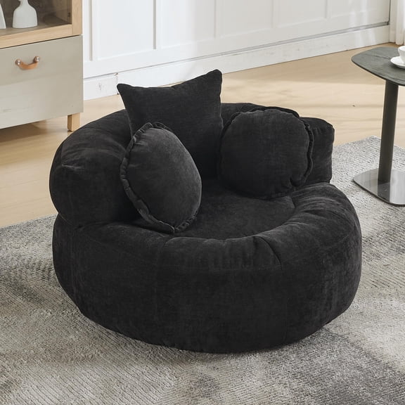 Black chenille 42 Round Chenille Bean Bag Chair, Compressed Cloud Floor