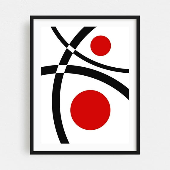 Black curves and red circles - Illustration Geometric Abstract Modern Art Minimalist Black and White Pop Art Line Art Black Framed Wall Art Print 11 x 14 inches