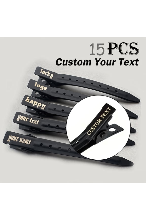 Black + custom text 15pcs Black Engravable Duckbill Hair Clips With Custom,Golden + custom text,OneSize