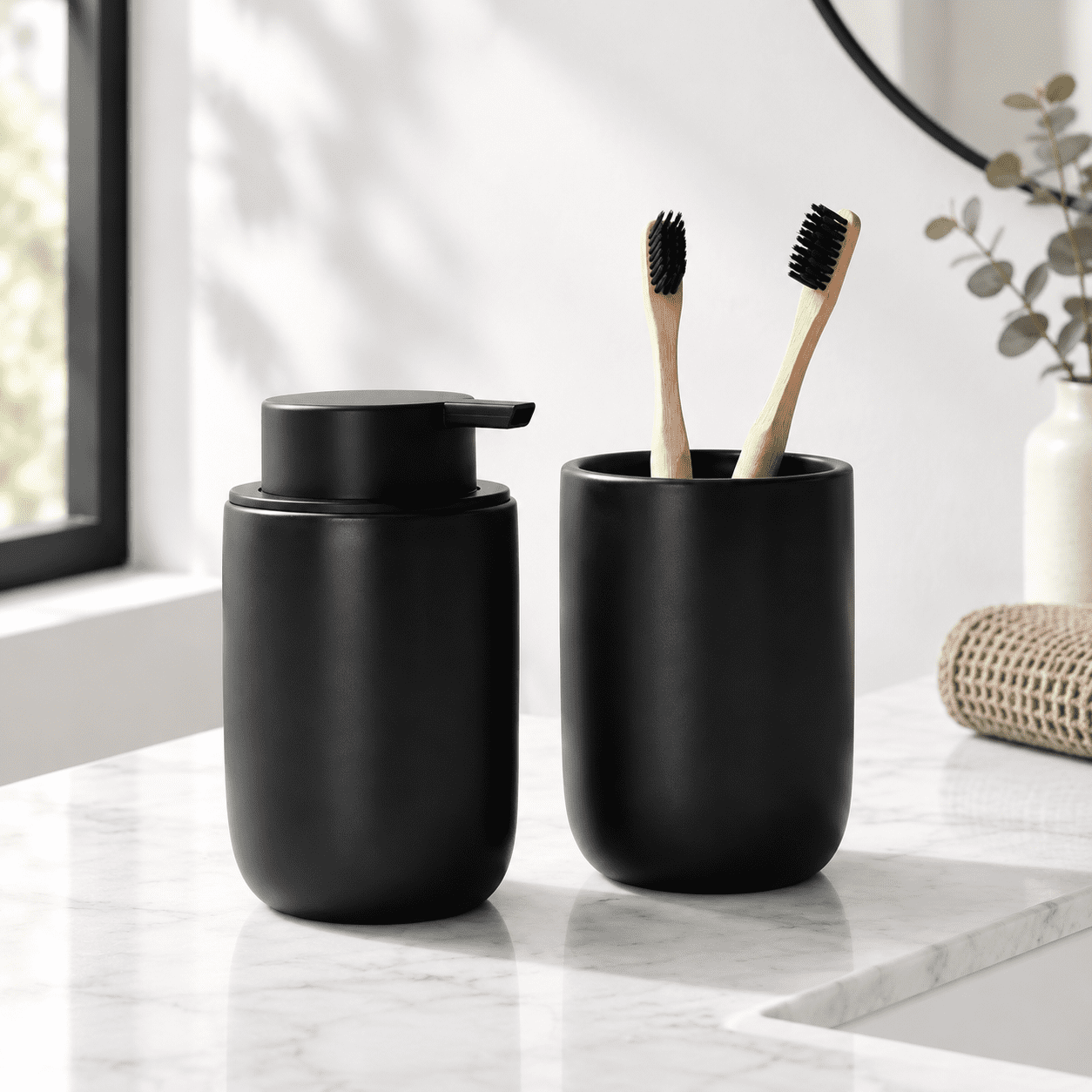 Black-cylinder & Toothbrush Holder, Liquid Pump Porcelain Bathroom ...