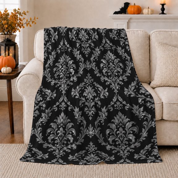 Black decorative motif Damask Floral Pattern Decorative, Festive autumn celebration Scene, Warm Flannel Blanket for Living Room and Family Room, Art Lovers autumn celebration Gift, Festive Home Decor
