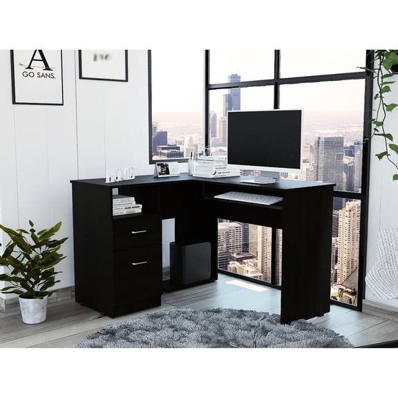 Black exterior - Mix L - shaped desk with keyboard compartment - Art studio - Creative workspace