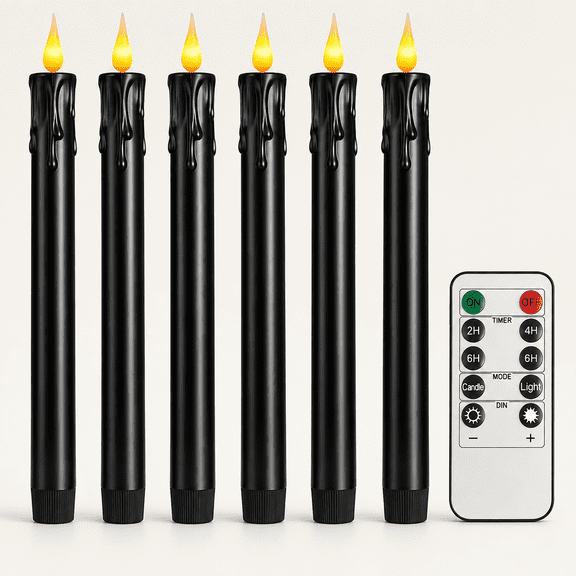 Black flameless taper candles, flickering, remote and timer