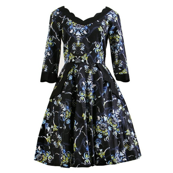 Black floral design retro dresses with half sleeves