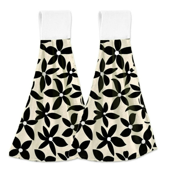 Black flowers beige background pattern Hanging Kitchen Hand Towels Sets with Loop Hand Towels Kitchen Tie Towel 2pcs