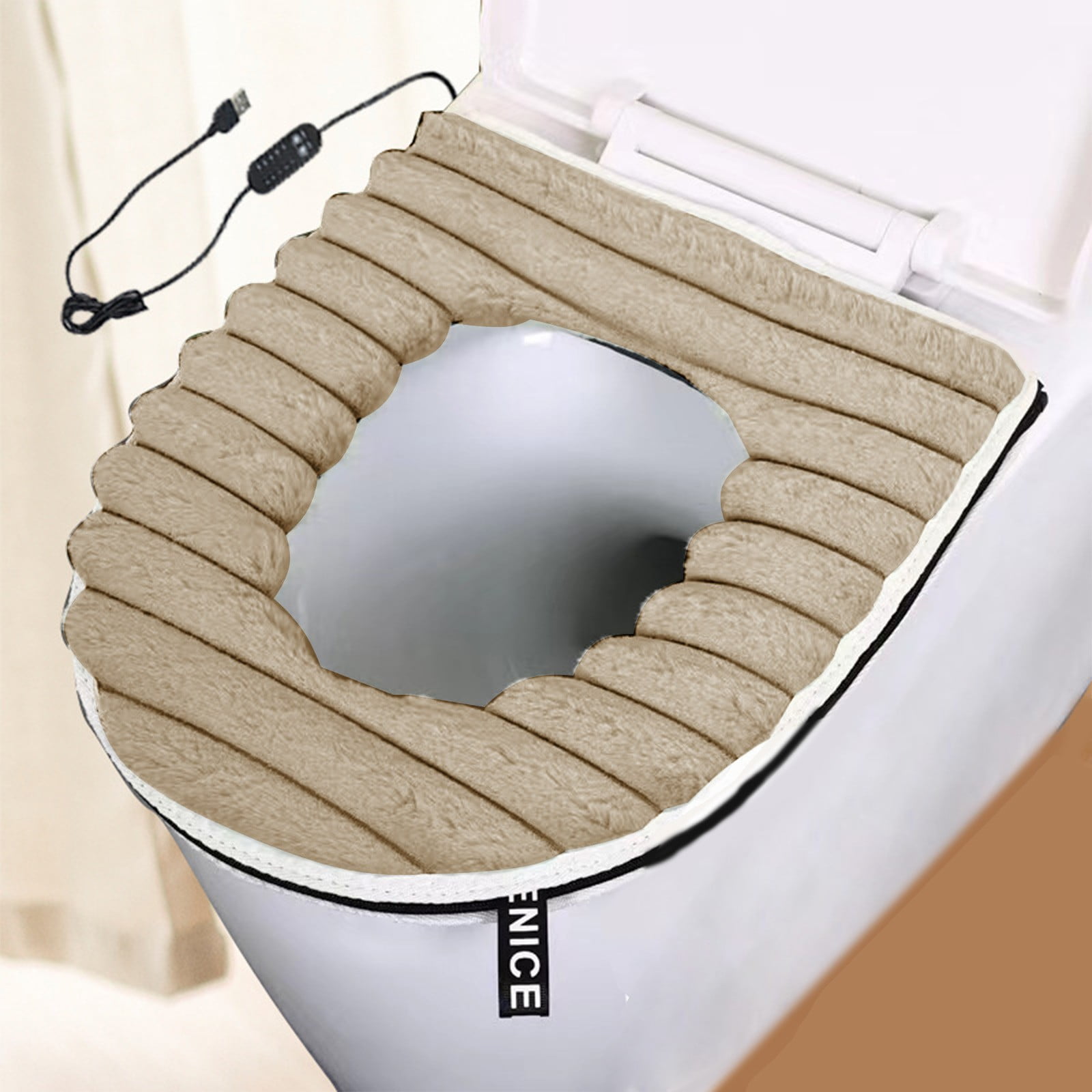 Limited Time Savings, Promo USB Winter Heated Rabbit Plush Toilet Seat, Washable Speed Heat Thermostat Cover, Soft Plush Cushion for Cold Weather Comfort. Festive Wrapping | Flock, Khaki