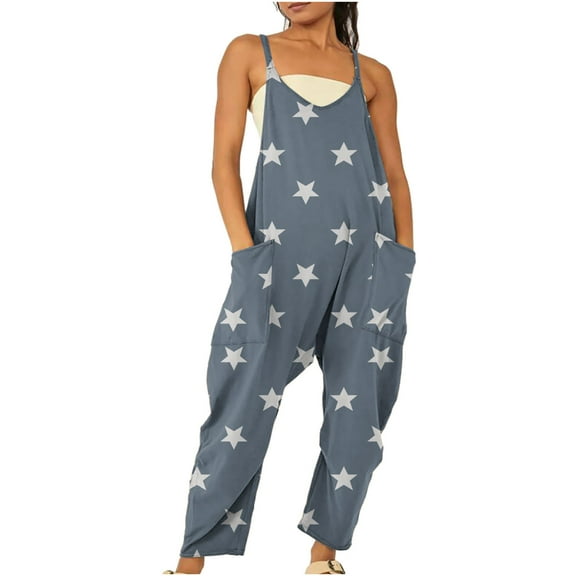Dyegold Jumpsuits for Women Casual, Jumpsuit Rompers for Women Baggy Wide Leg Trousers Spaghetti Strap Floral Print V Neck Sleeveless Rompers Playsuit